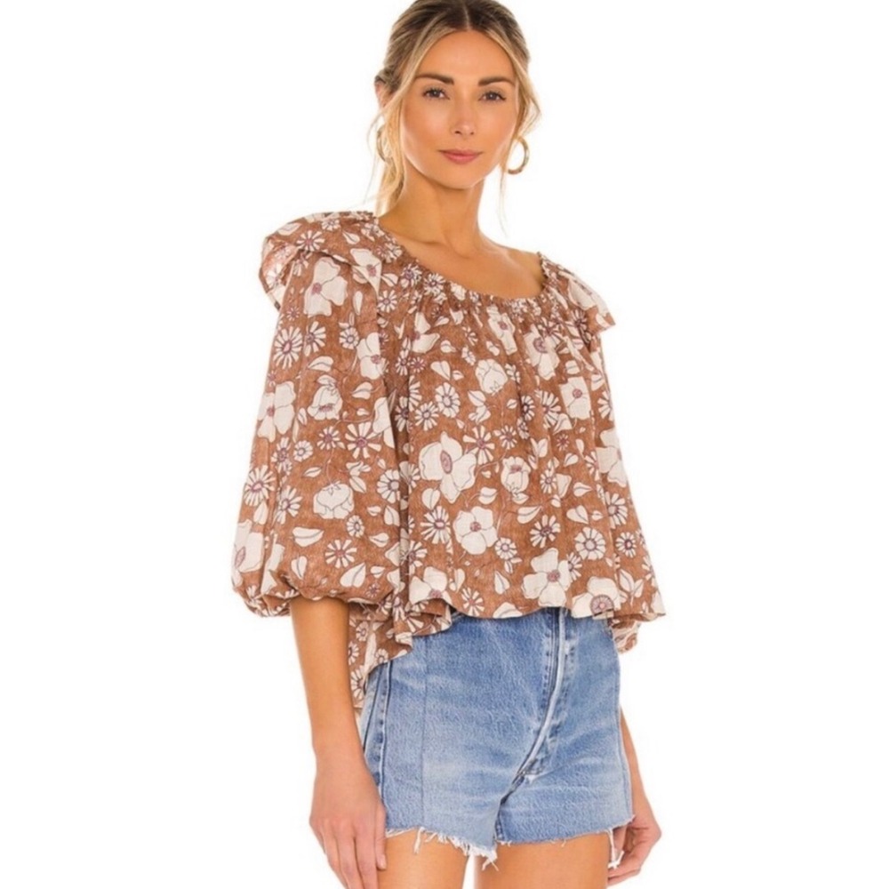 Free People Miss Daisy Ruffle Square Neck Balloon Sleeve Cotton Blouse Brown M